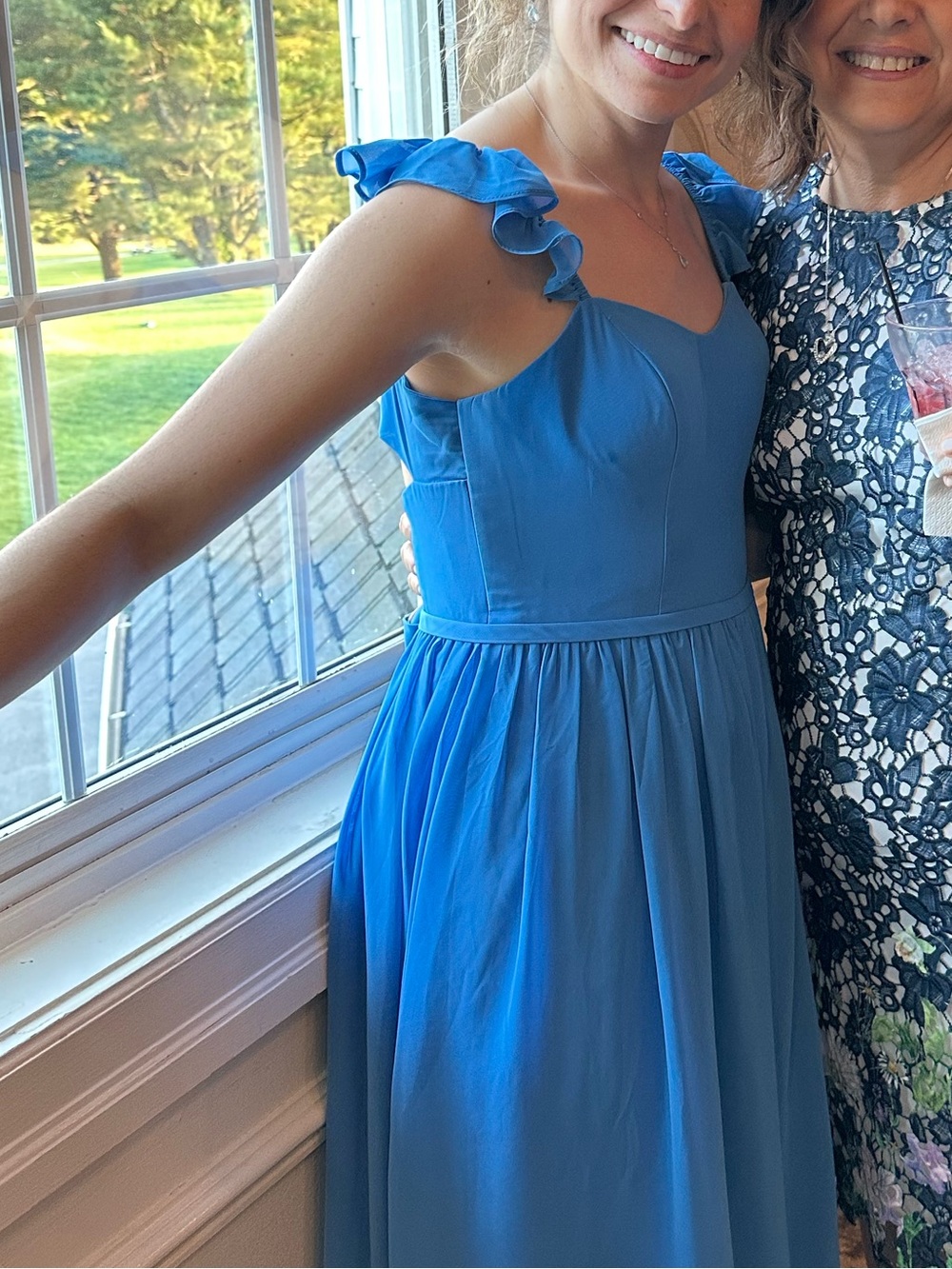 azazie bridesmaid dress (blue jay) with pockets and ruffle strap